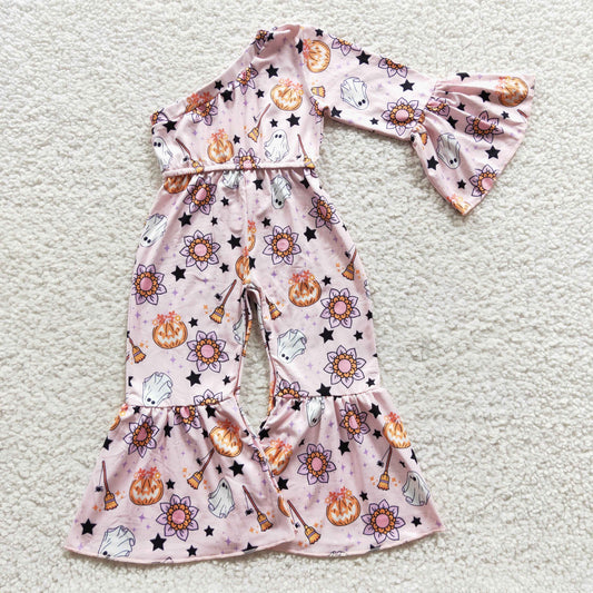 pink one sleeve boo pumpkin girls halloween jumpsuit