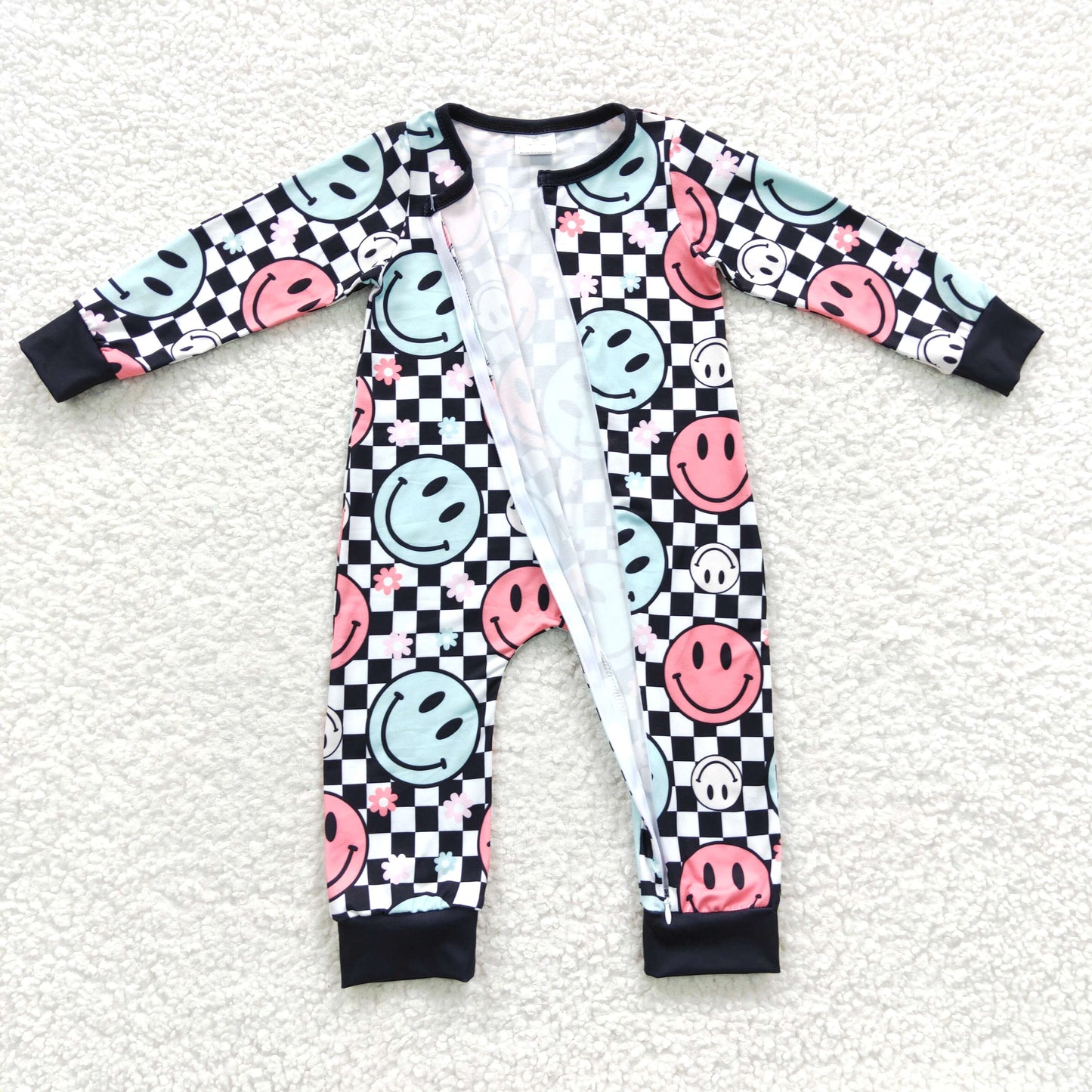checkered smile face toddler zipper romper