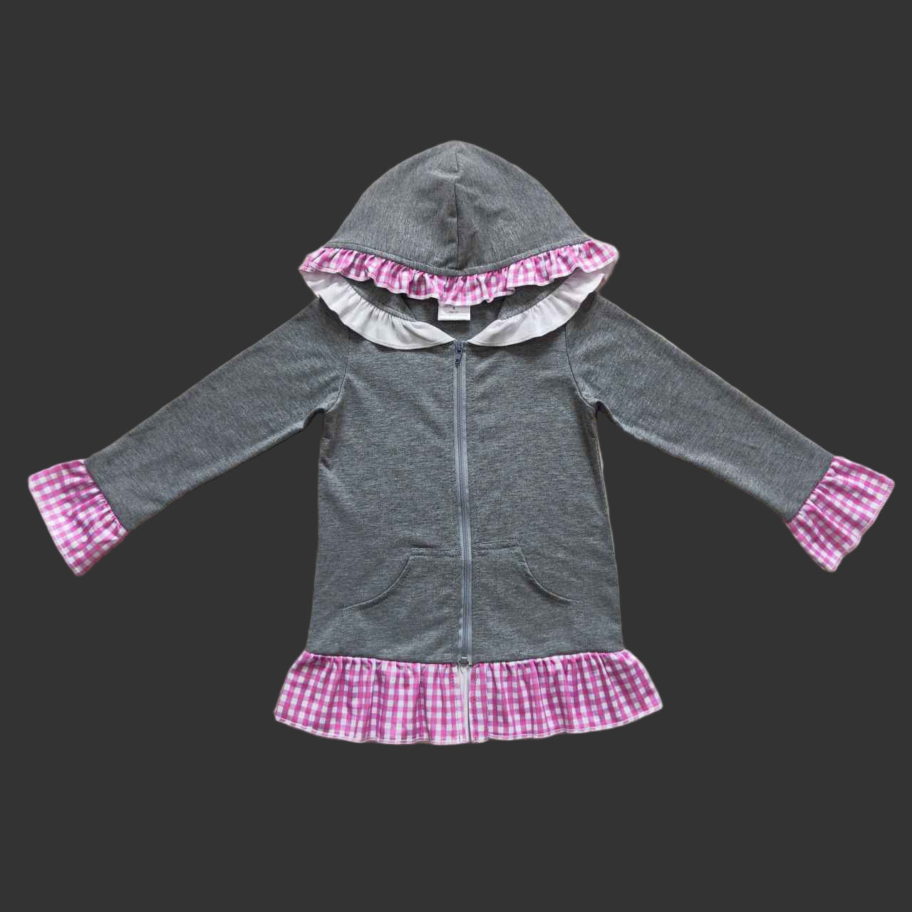 solid gray cotton pink plaid ruffle zipper hoodie jacket