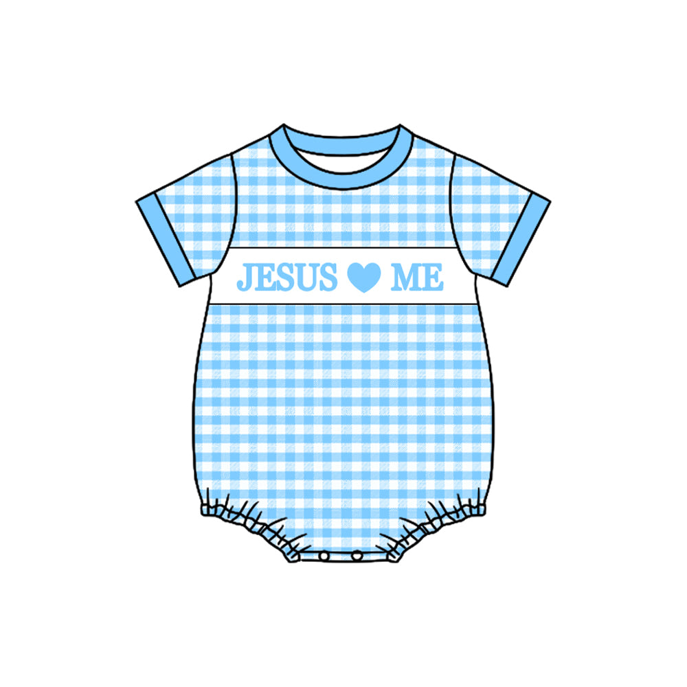 Pre order jesus loves me blue plaid baby boy bubble