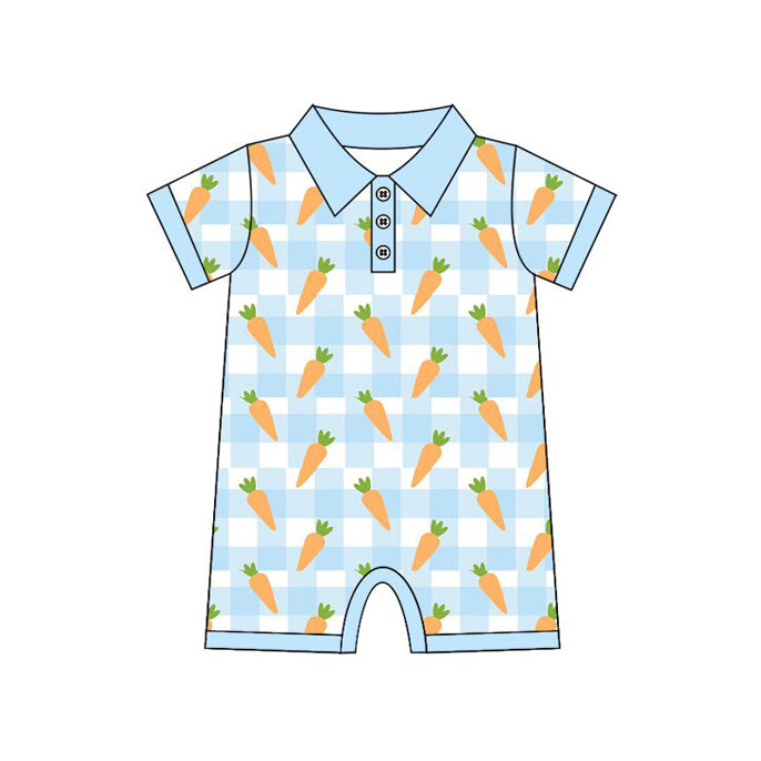 Pre order easter blue plaid carrot boy polo romper