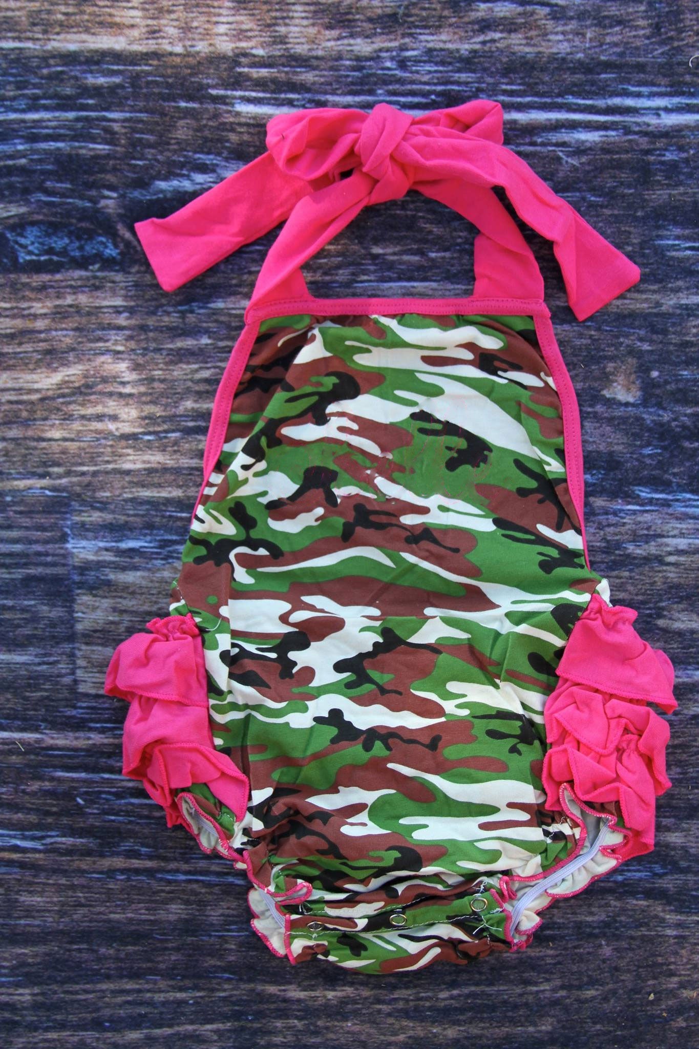 Pre order ruffle camo halter romper