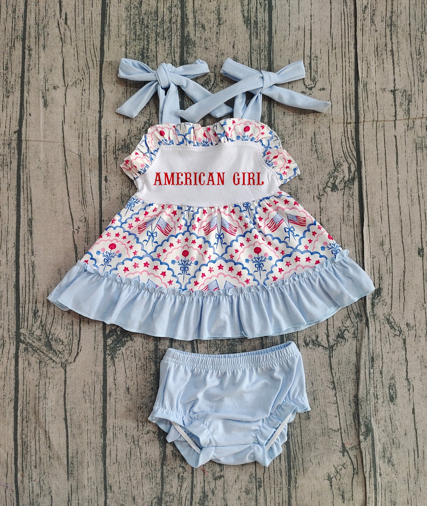 Pre order 4th of july american girl bummie set (do embroidery)
