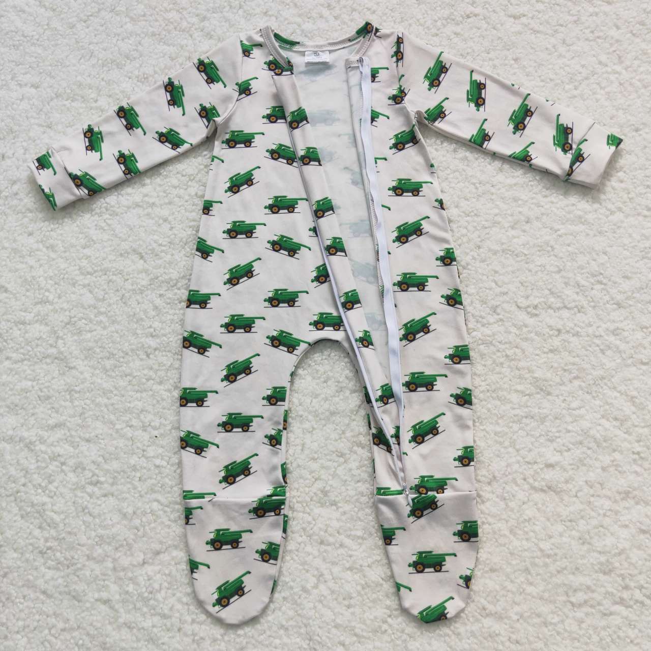 Green truck footie sleeper baby boy zip romper