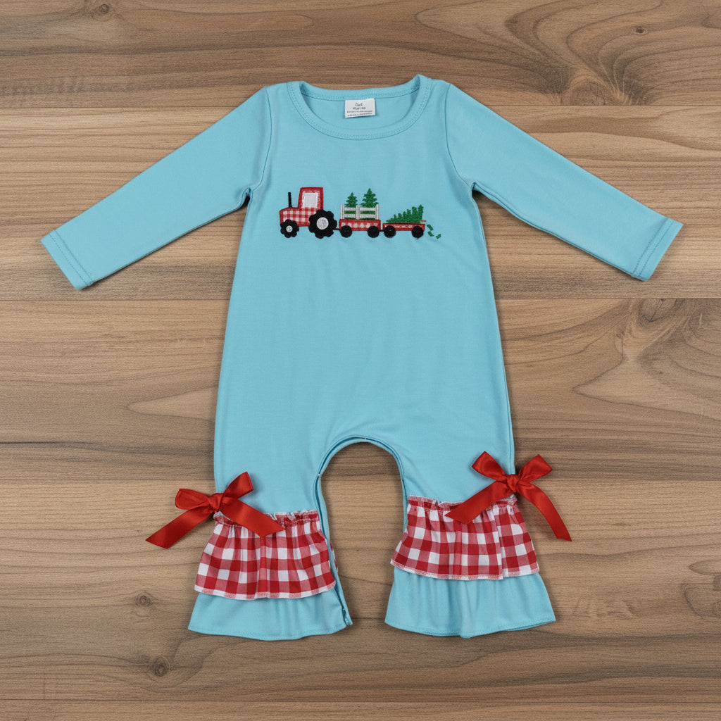 baby girl christmas tree truck embroidery blue cotton romper