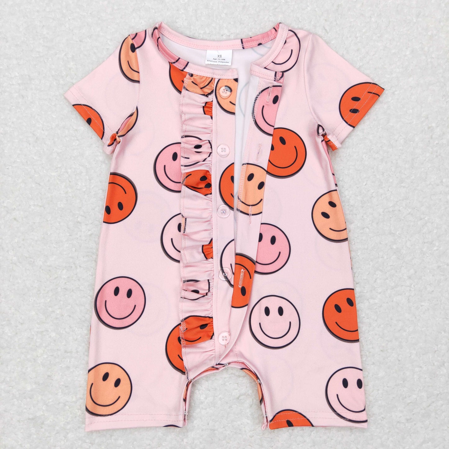 smile emoji floral ruffle button romper