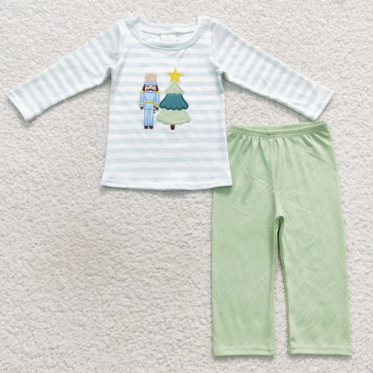 boy christmas embroidery outfit nutcracker solid green pants set