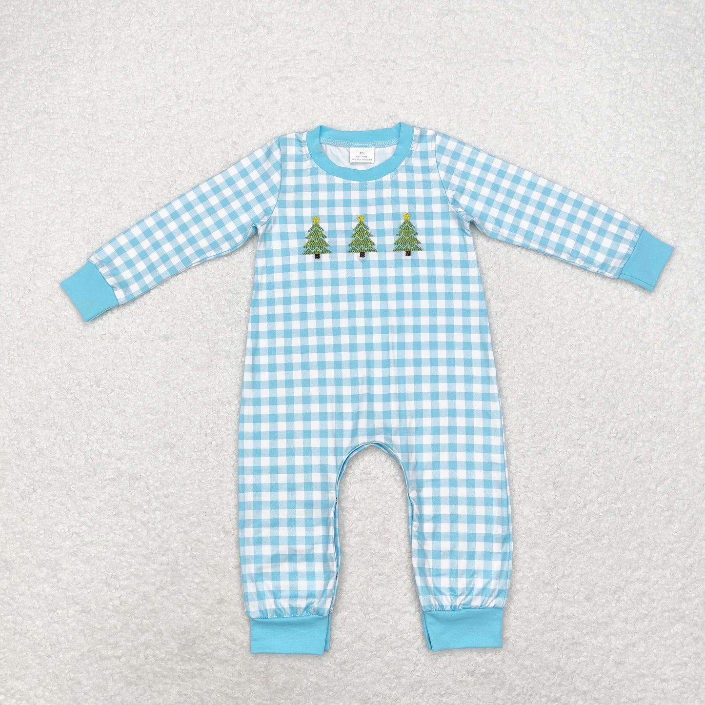 blue plaid christmas tree embroidered romper