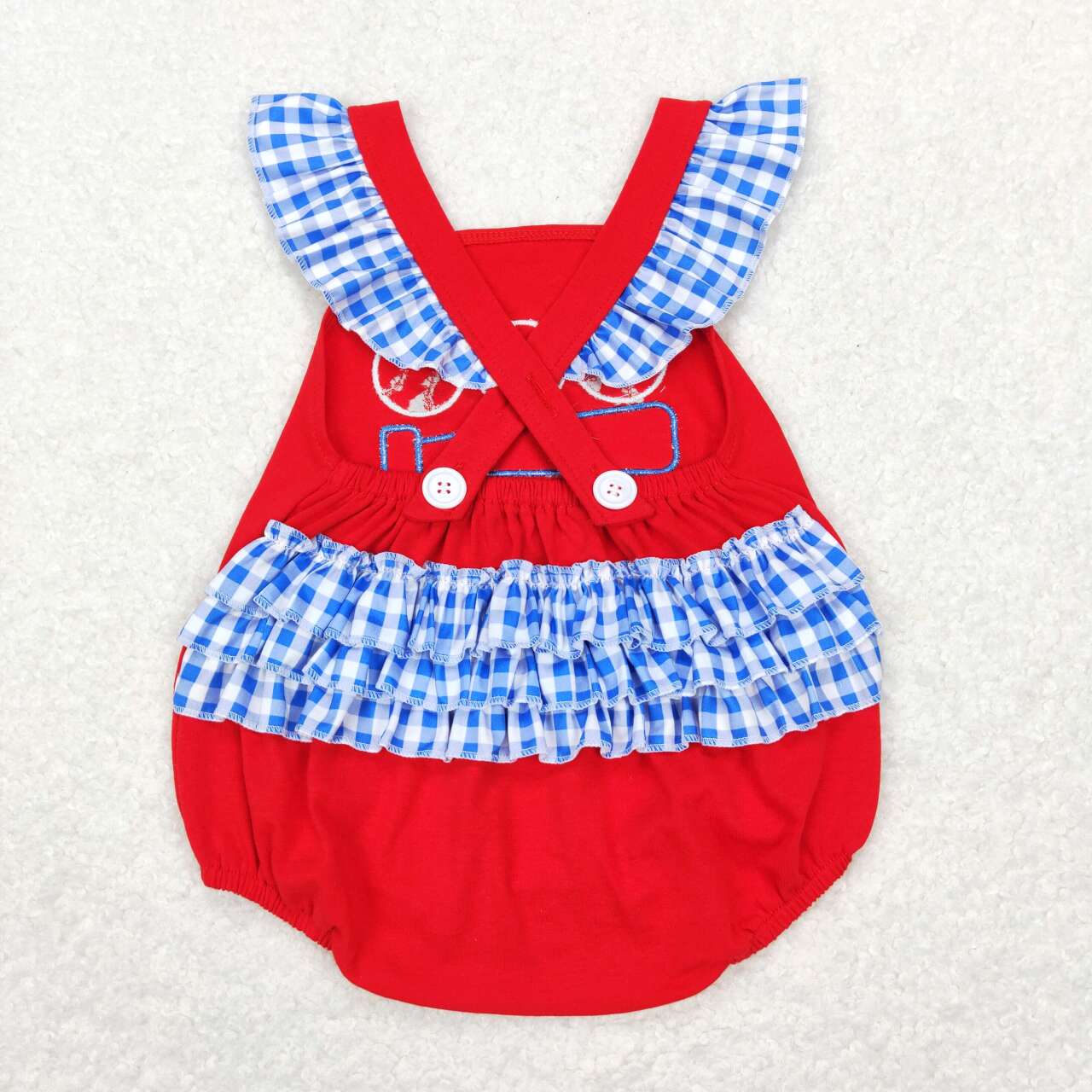 baby girl red baseball embroidery ruffle cross bubble