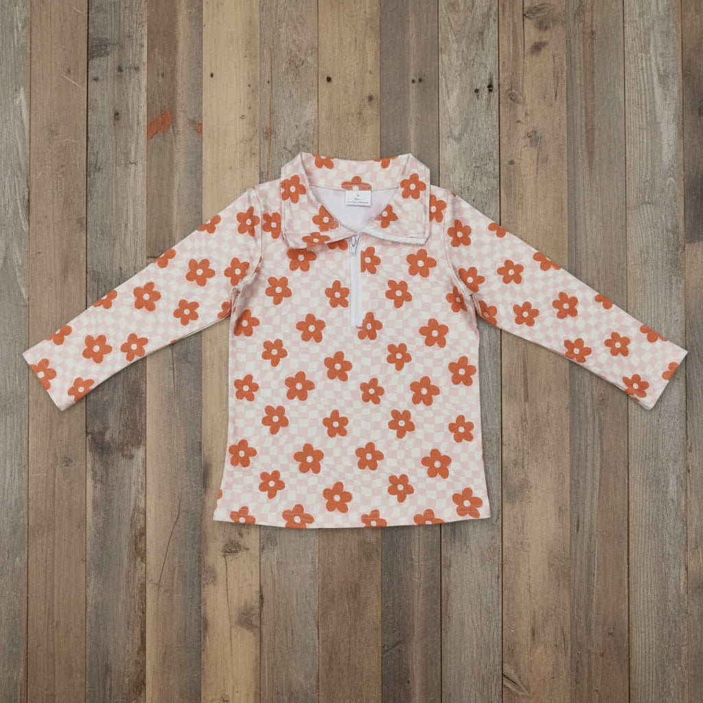 long sleeve orange floral zip pullover