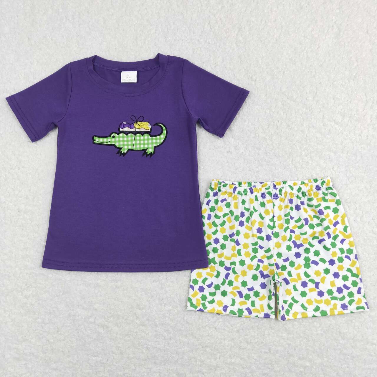 boy madi gras crocodile embroidery shorts set