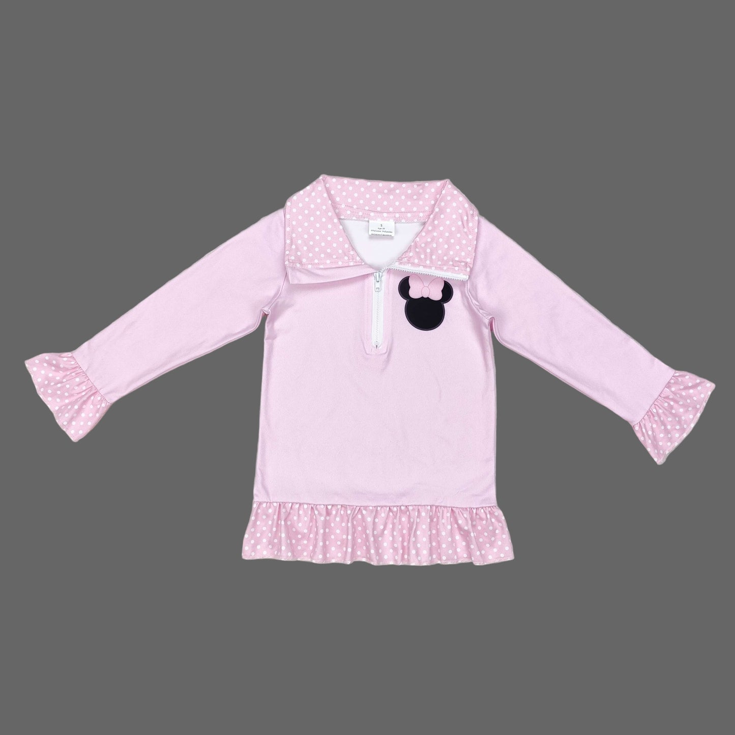 pink zip up pullover with mouse print