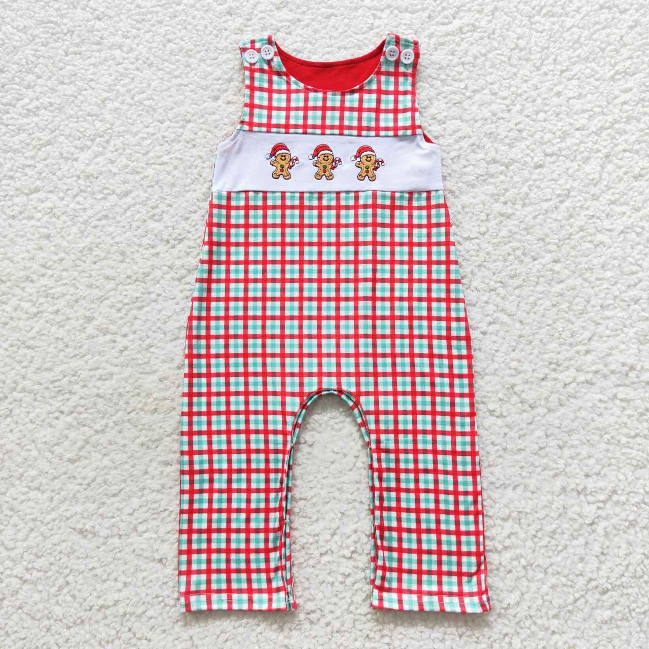 Baby boy checkered gingerbread embroidery christmas tank romper