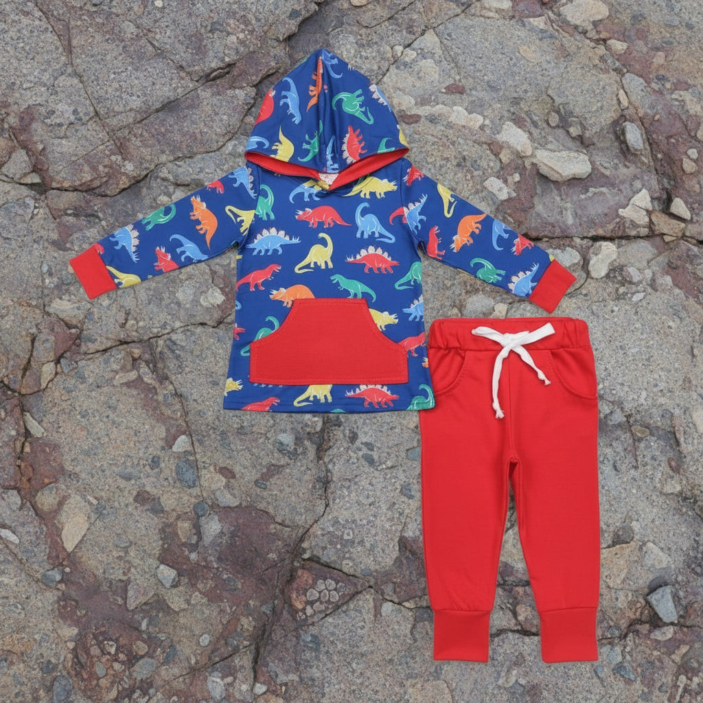 blue red dinosaur hoodie outfit