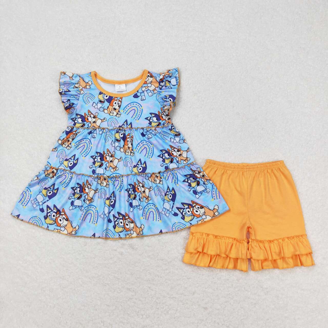 blue dog &rainbow shorts two piece set girl summer clothing