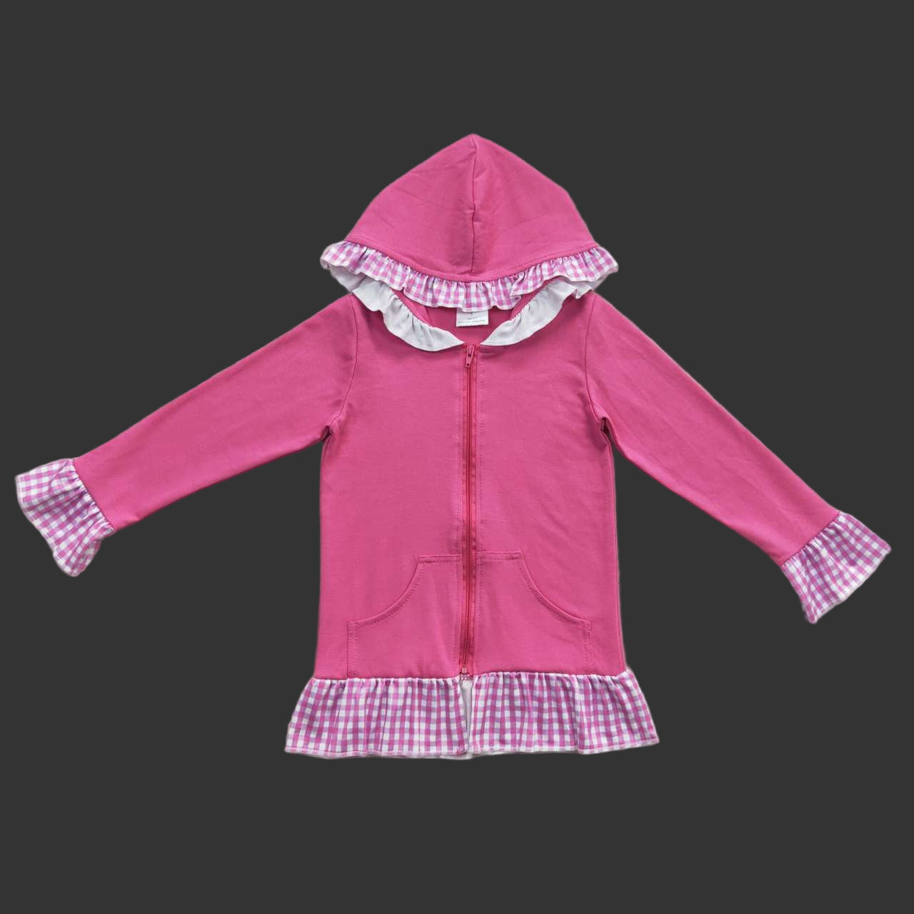 solid cotton hot pink plaid ruffle zipper hoodie jacket