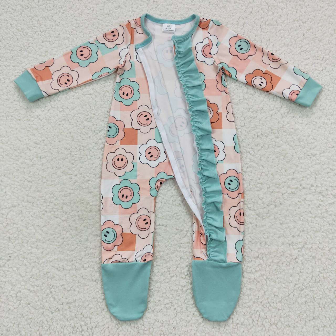 Smile face flower baby girl zipper footie sleeper