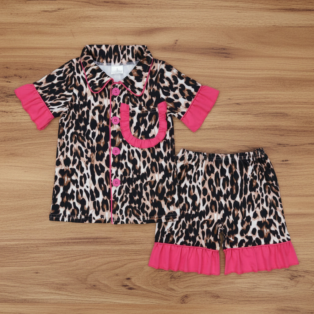 fashion hot pink ruffle leopard shorts button pajama girl