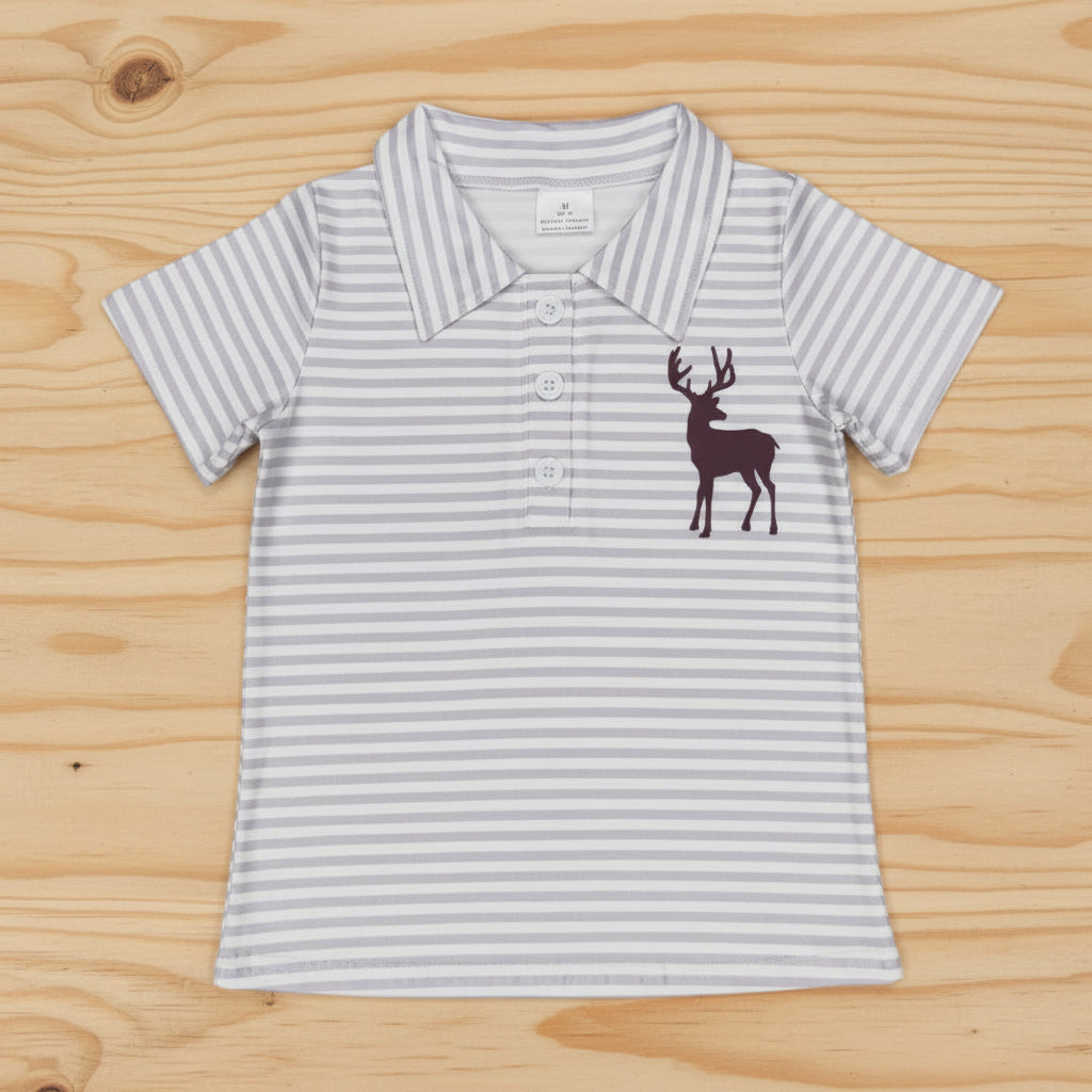 gray stripe deer print baby boy polo t-shirt