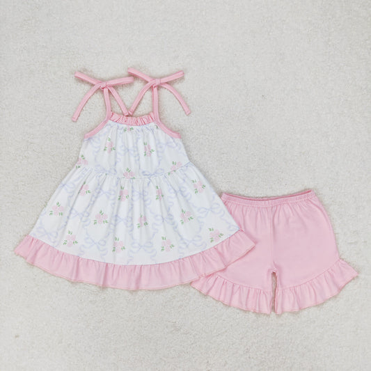 summer pink suspender bows shorts set girls clothing