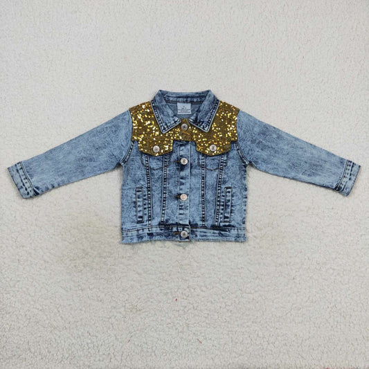 Fashion Good Quality Golden Sequins Blue Denim Jacket