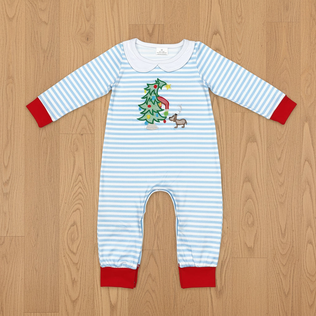 stripes Christmas tree embroidered romper