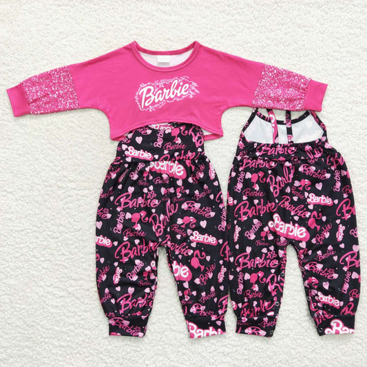 girl clothing hot pink barbie crop top and strap jumspuit set
