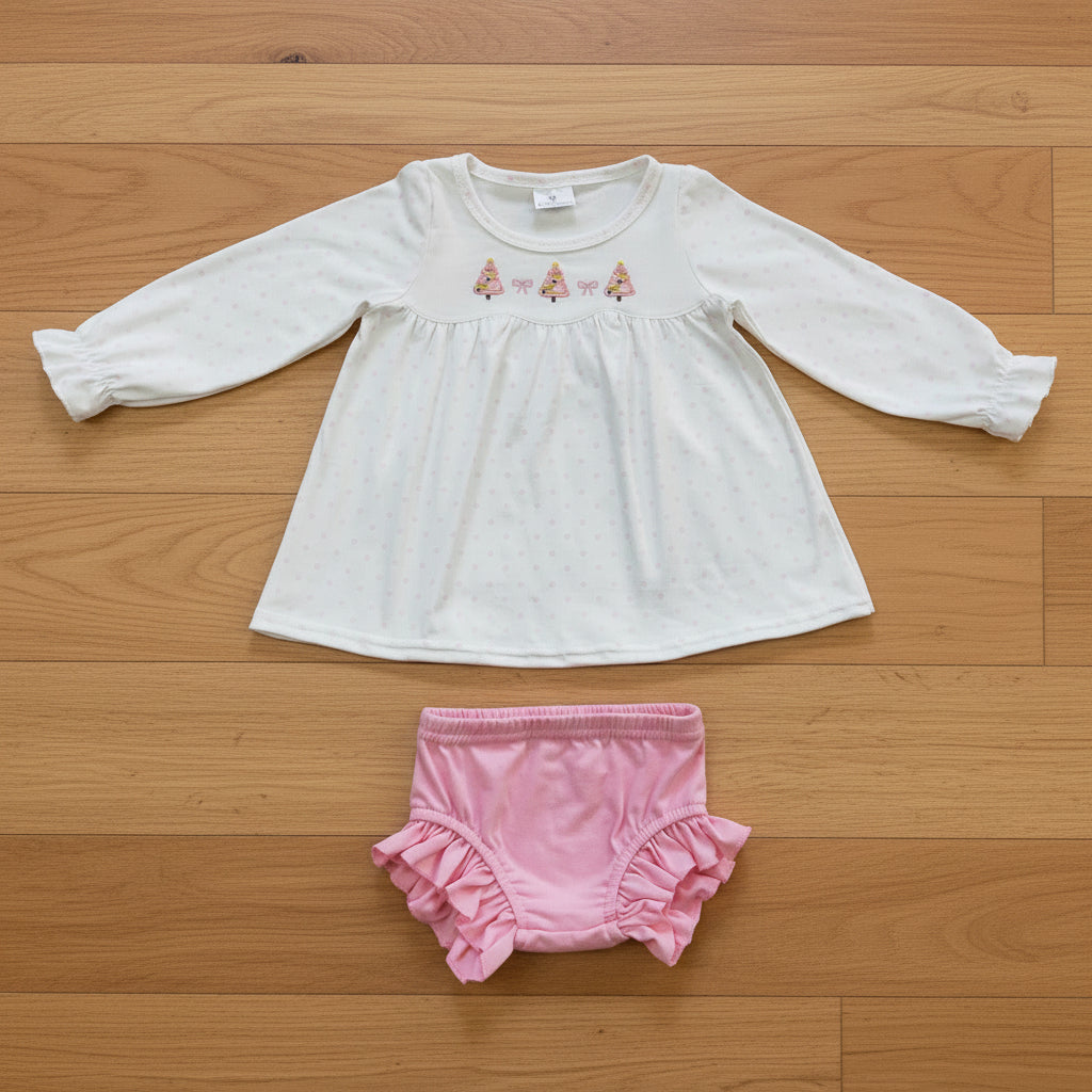 White dots embroidery baby girl christmas bummie set