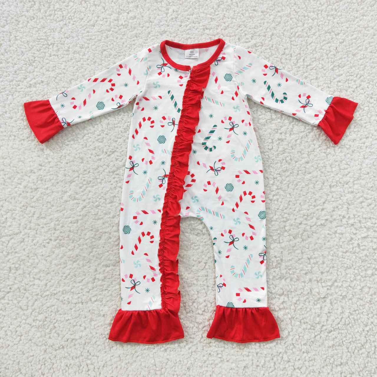 Candy cane ruffle zipper sleeper, baby girl christmas PJs