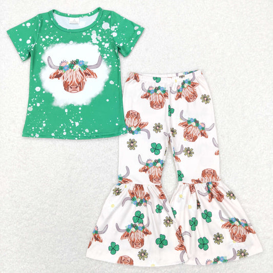 girl st patrick green highland cow bell pants