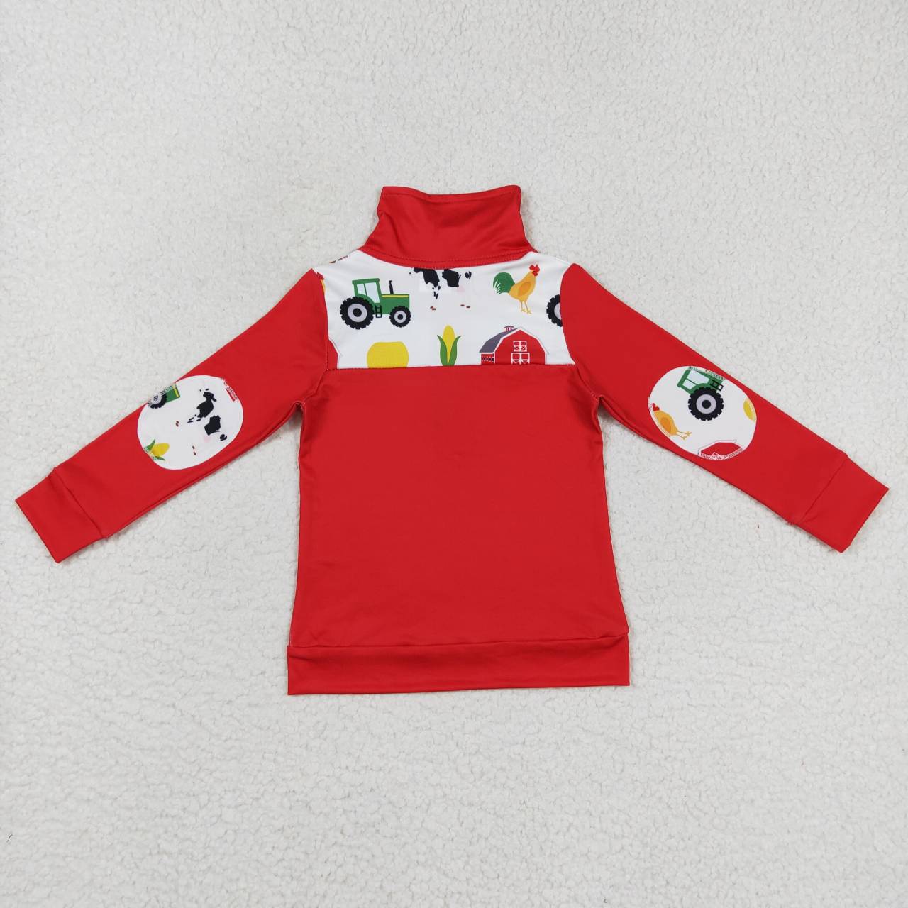 little boy red farm print zip up pullover