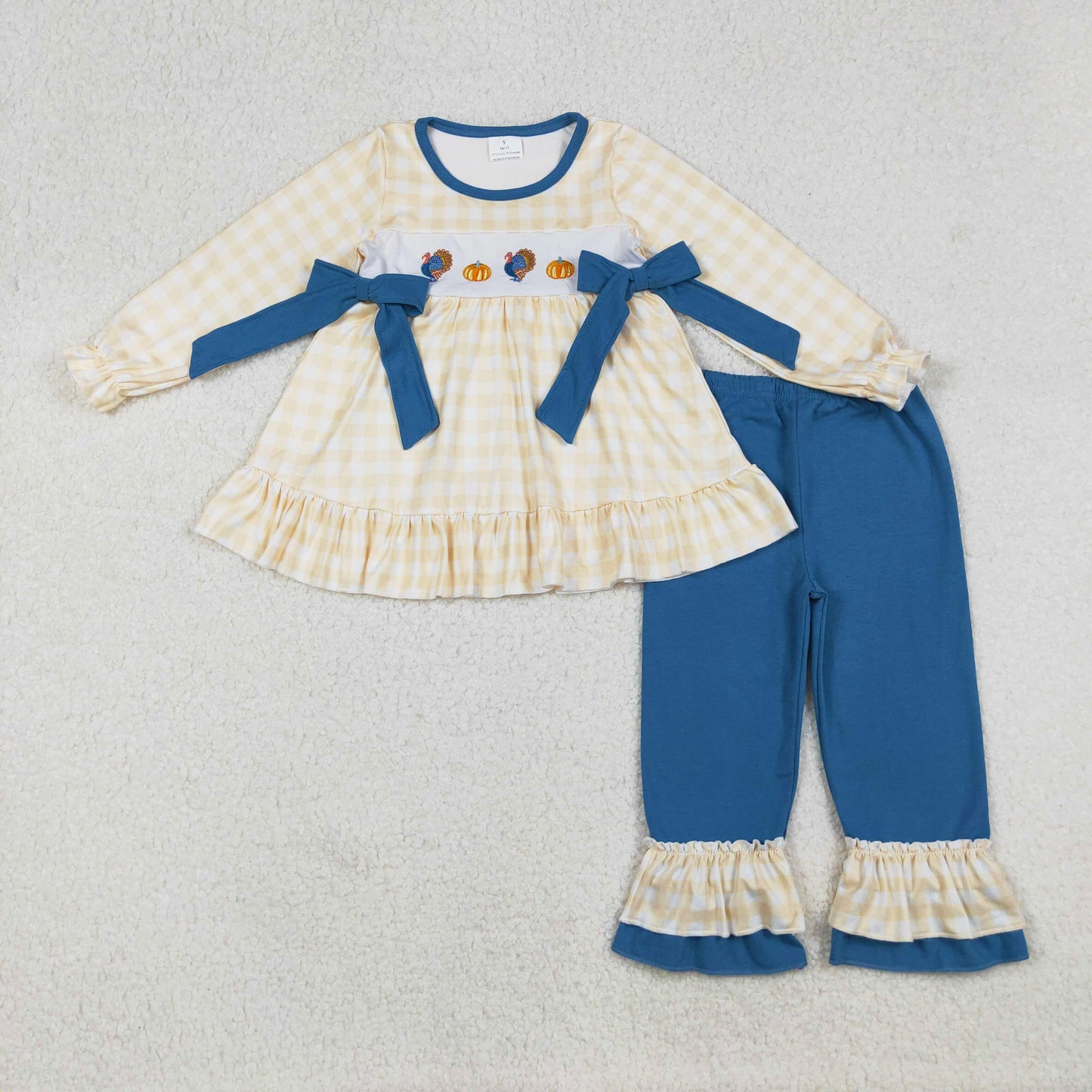 plaid turkey embroidery ruffle pants set