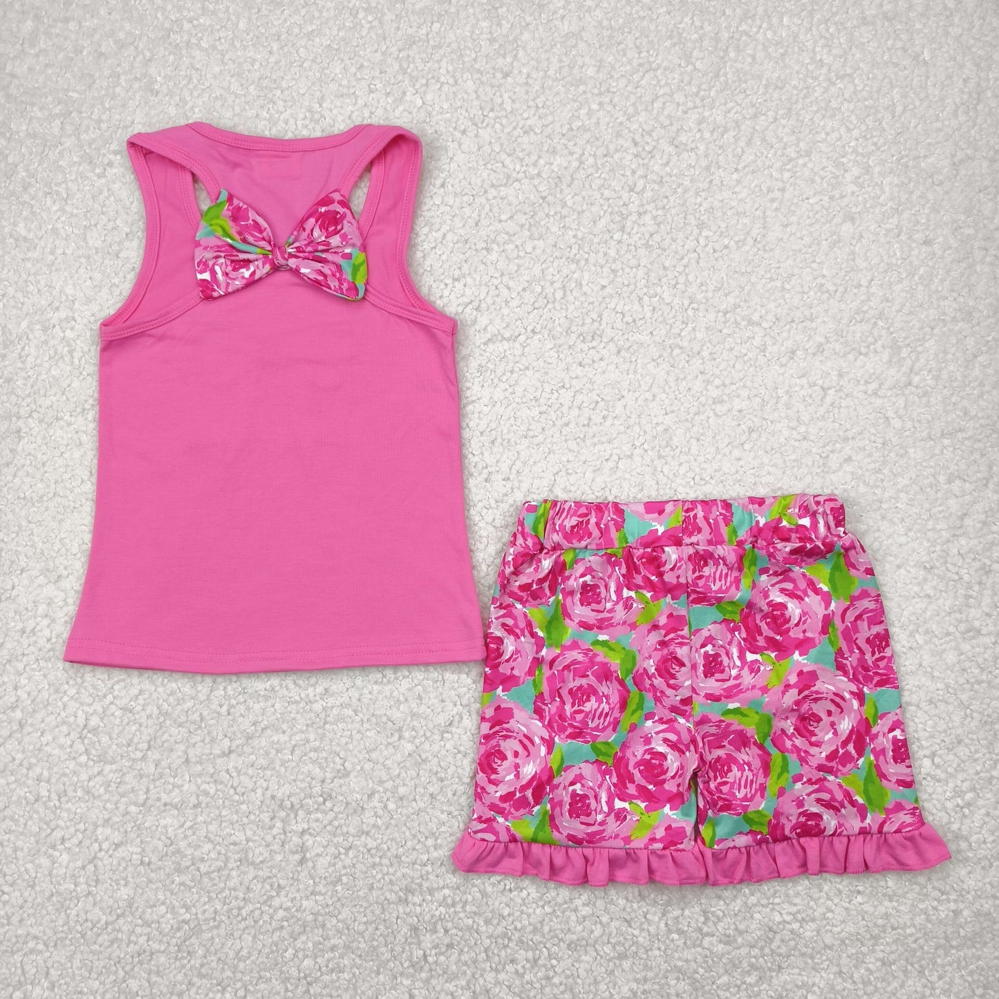 hot pink rosey bow embroidery girl tank set