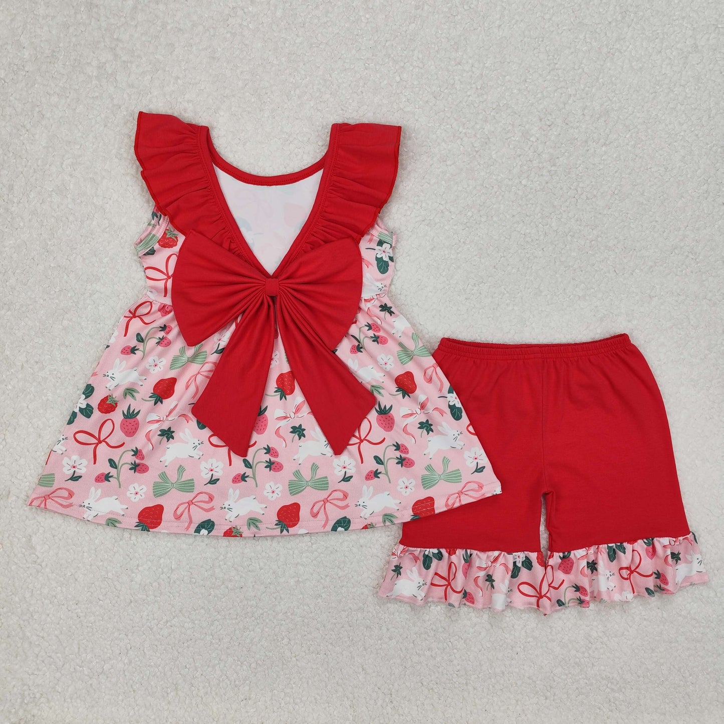 floral strawberry print strap red shorts set