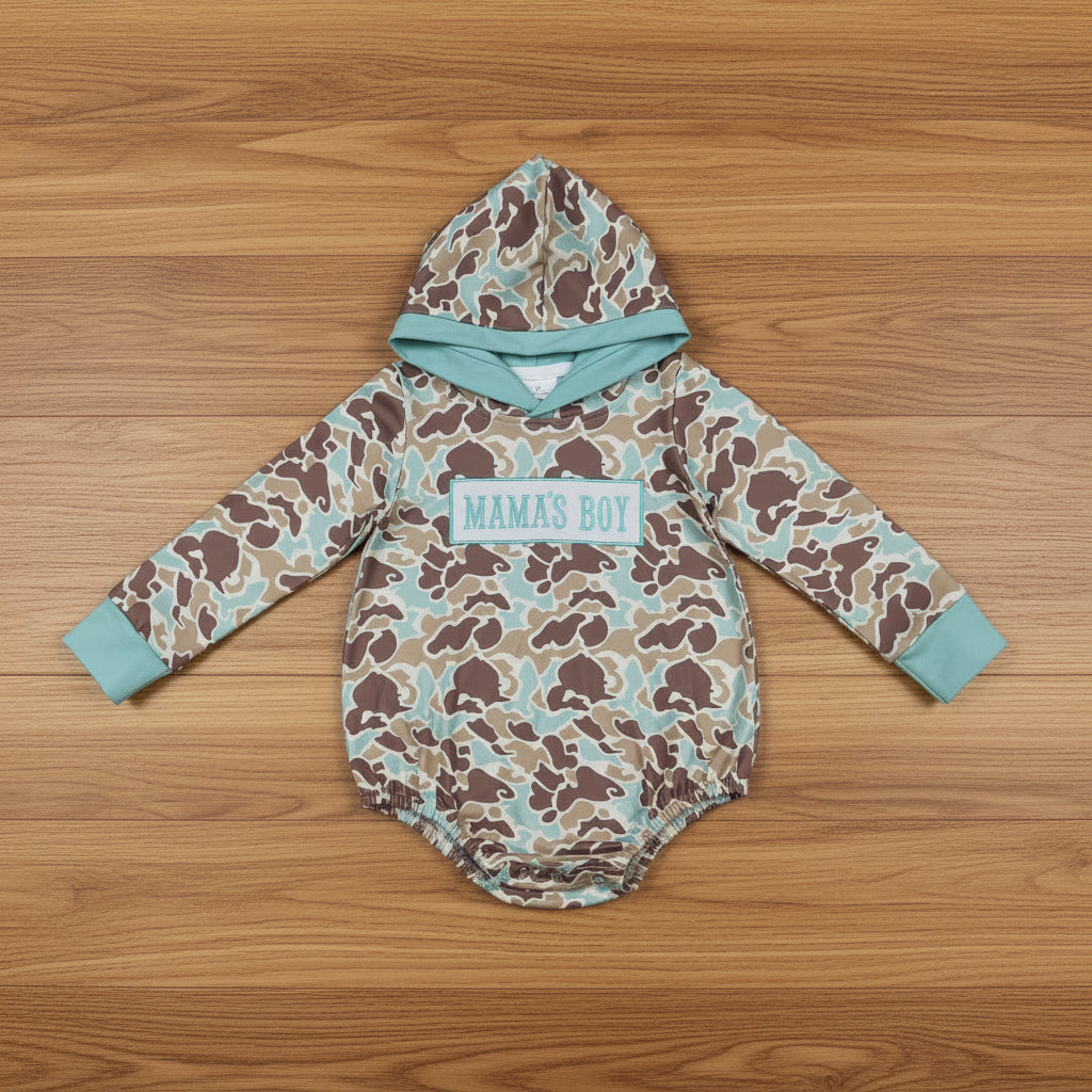 mama's boy embroidery camo hooded romper