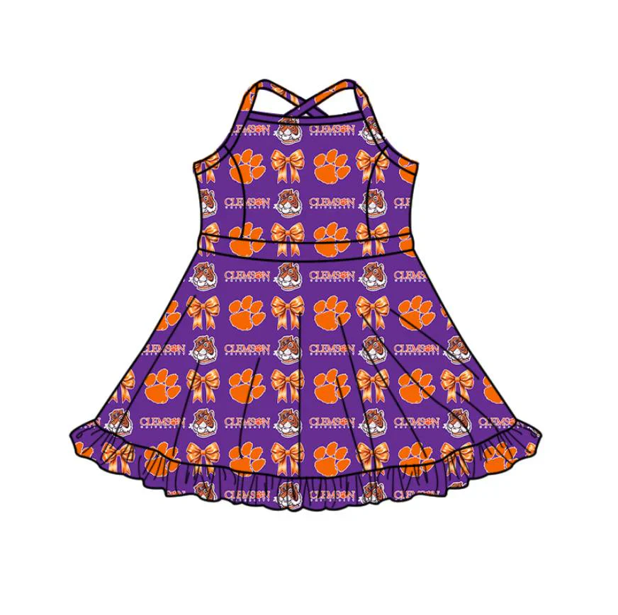 (Custom Design MOQ 5 Each Item)Team's Tinger Bows Print Girls Matching Clothes