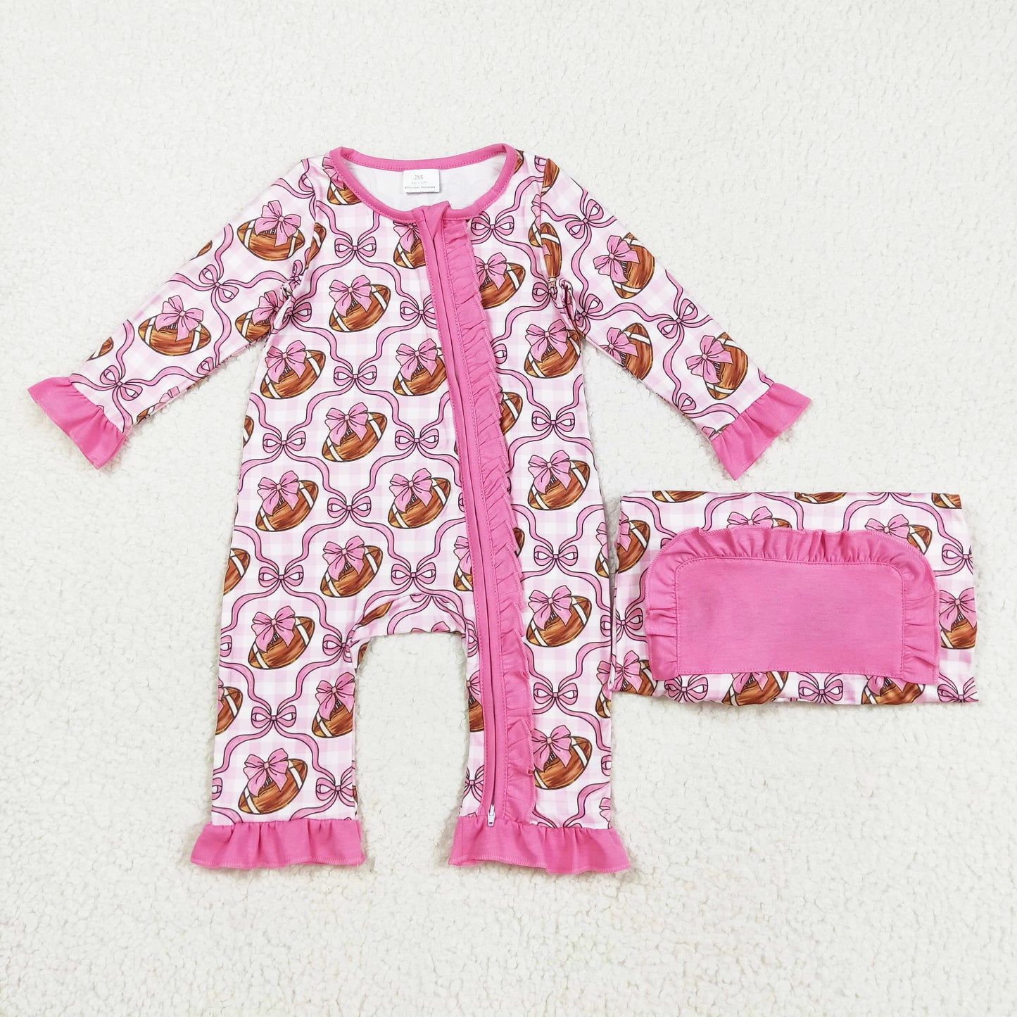 pink bow football print ruffle zip sleeper baby clothes