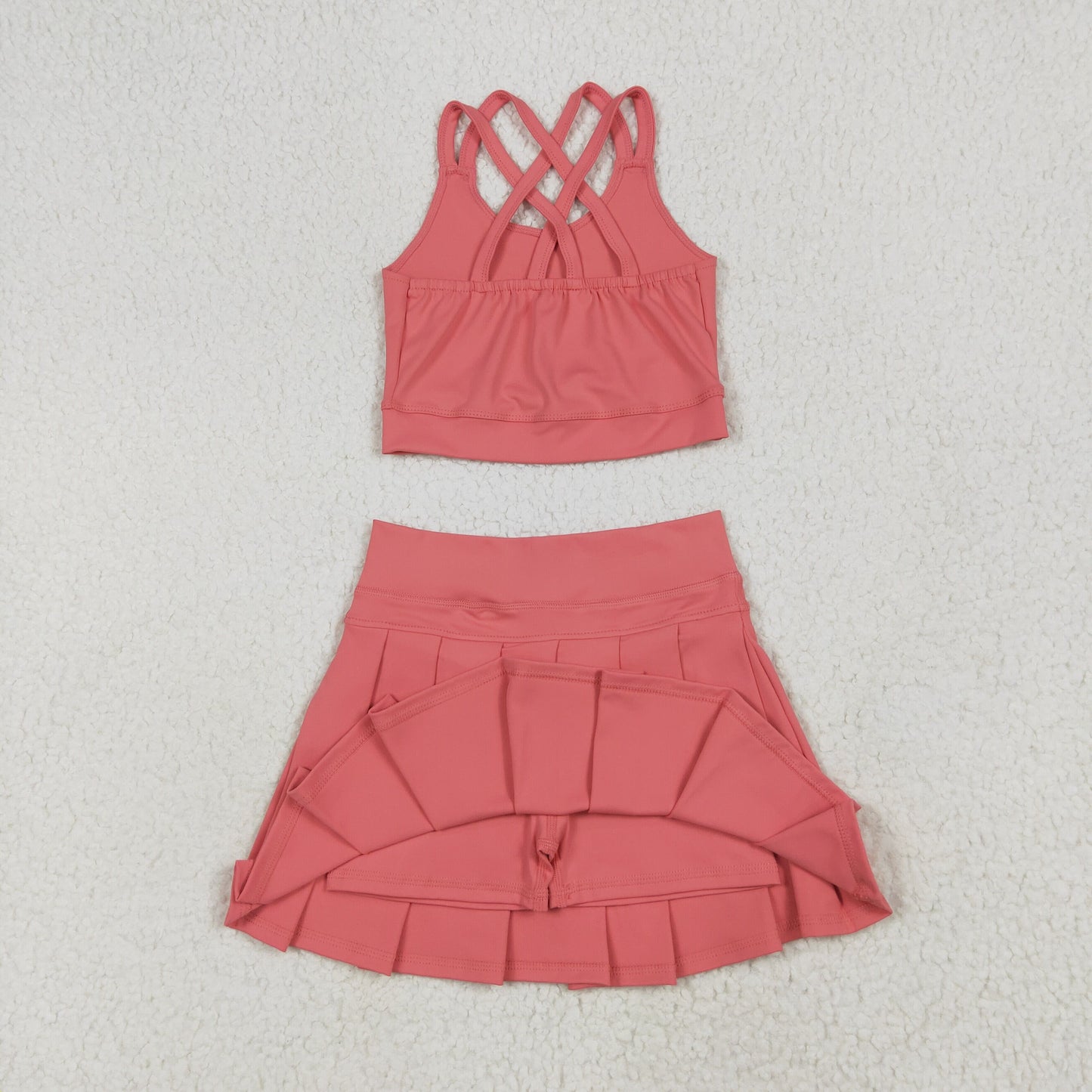 solid coral two pieces athletic tennis dress yoga set