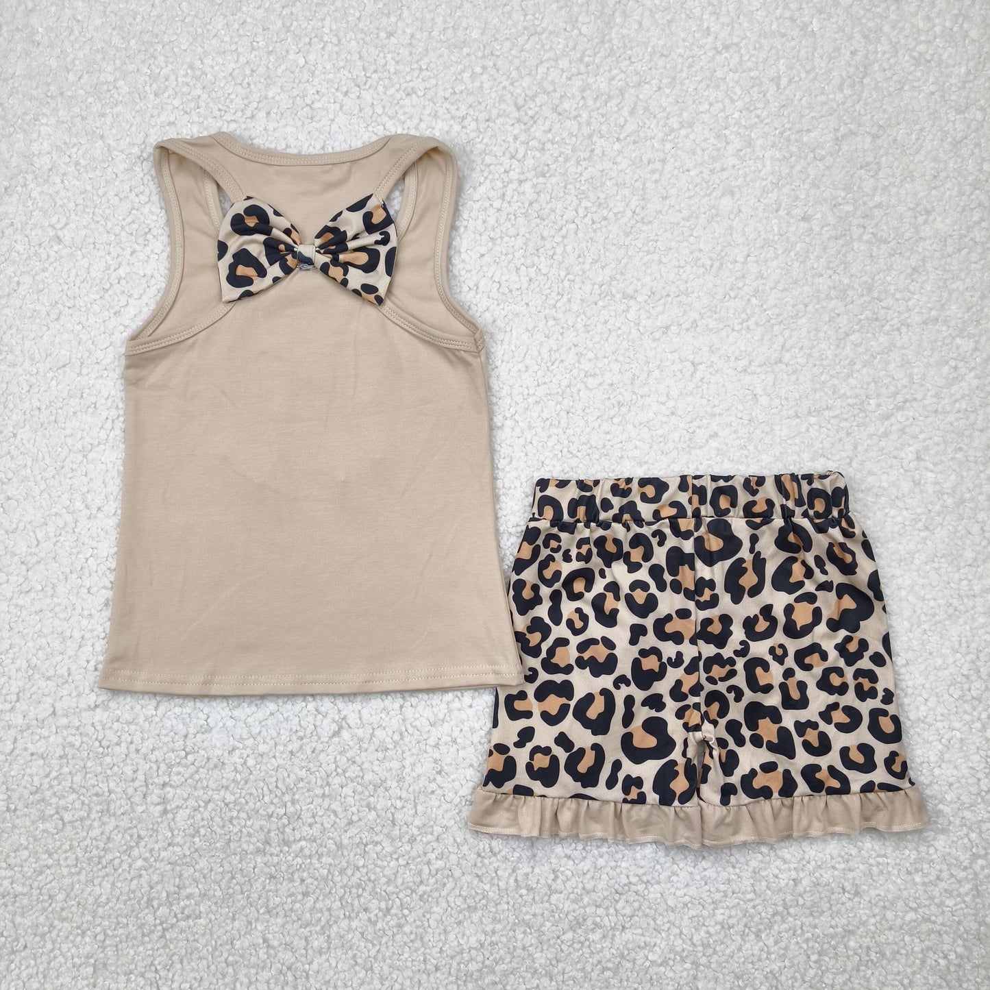 leopard bow embroidery girl tank set