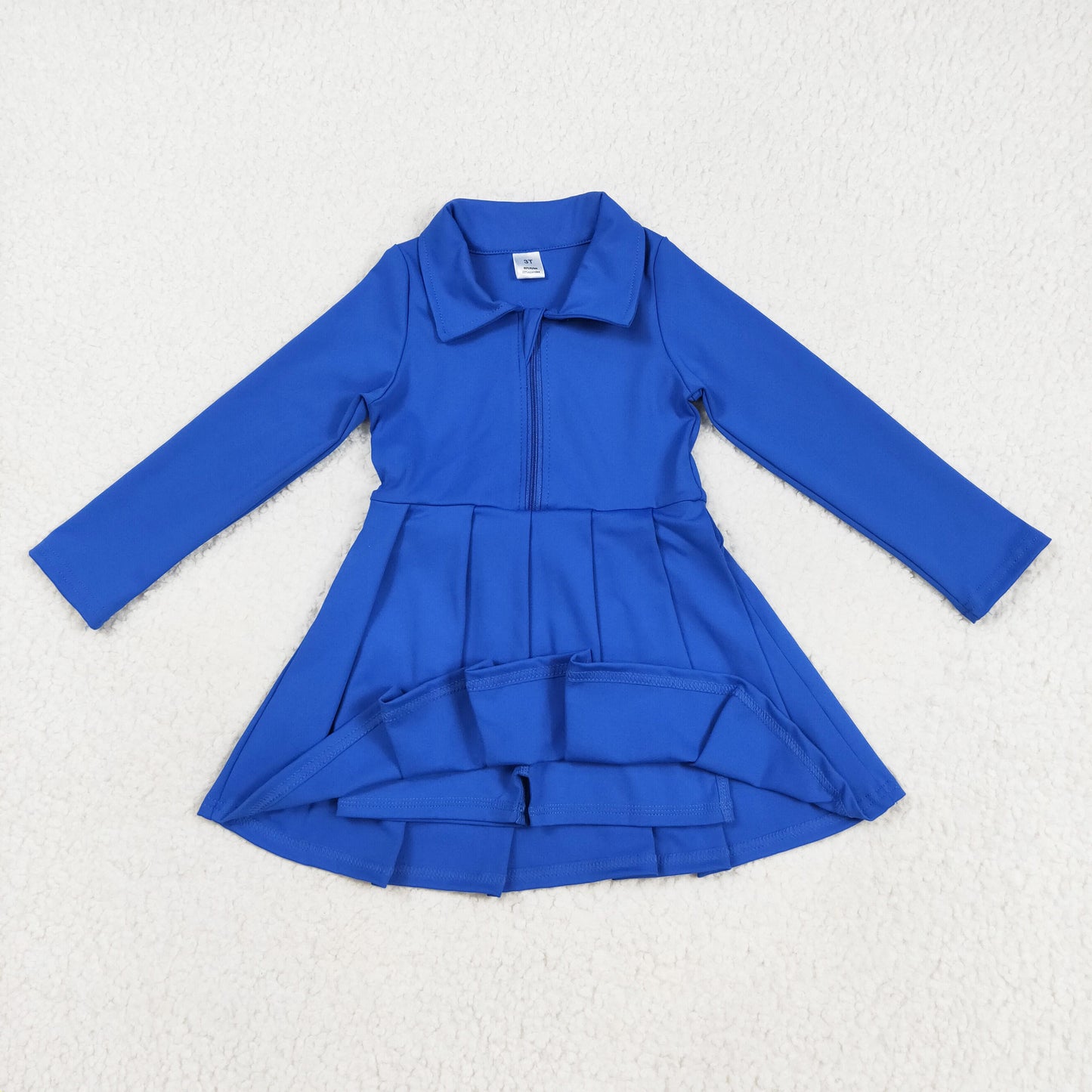 Long sleeves royal blue zipper pleated polo dress