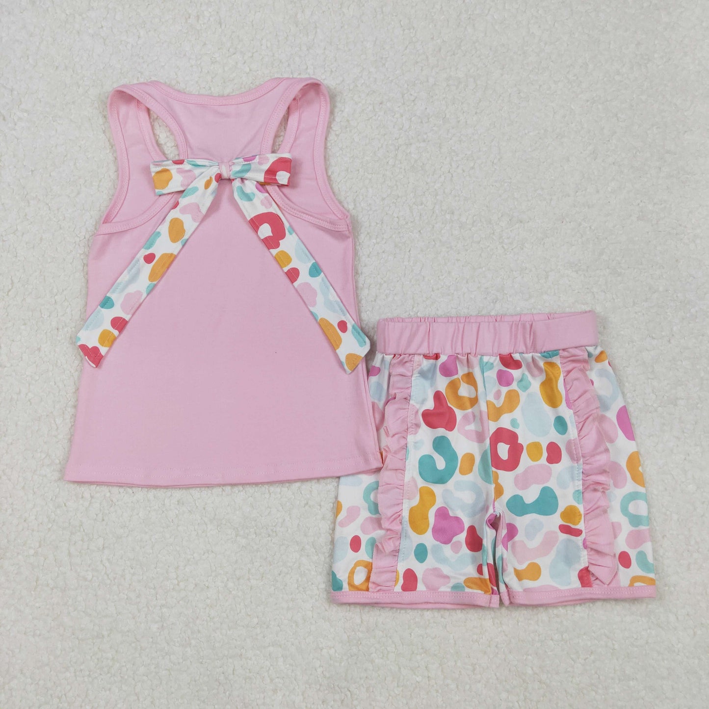 pink tank top colorful leopard shorts set