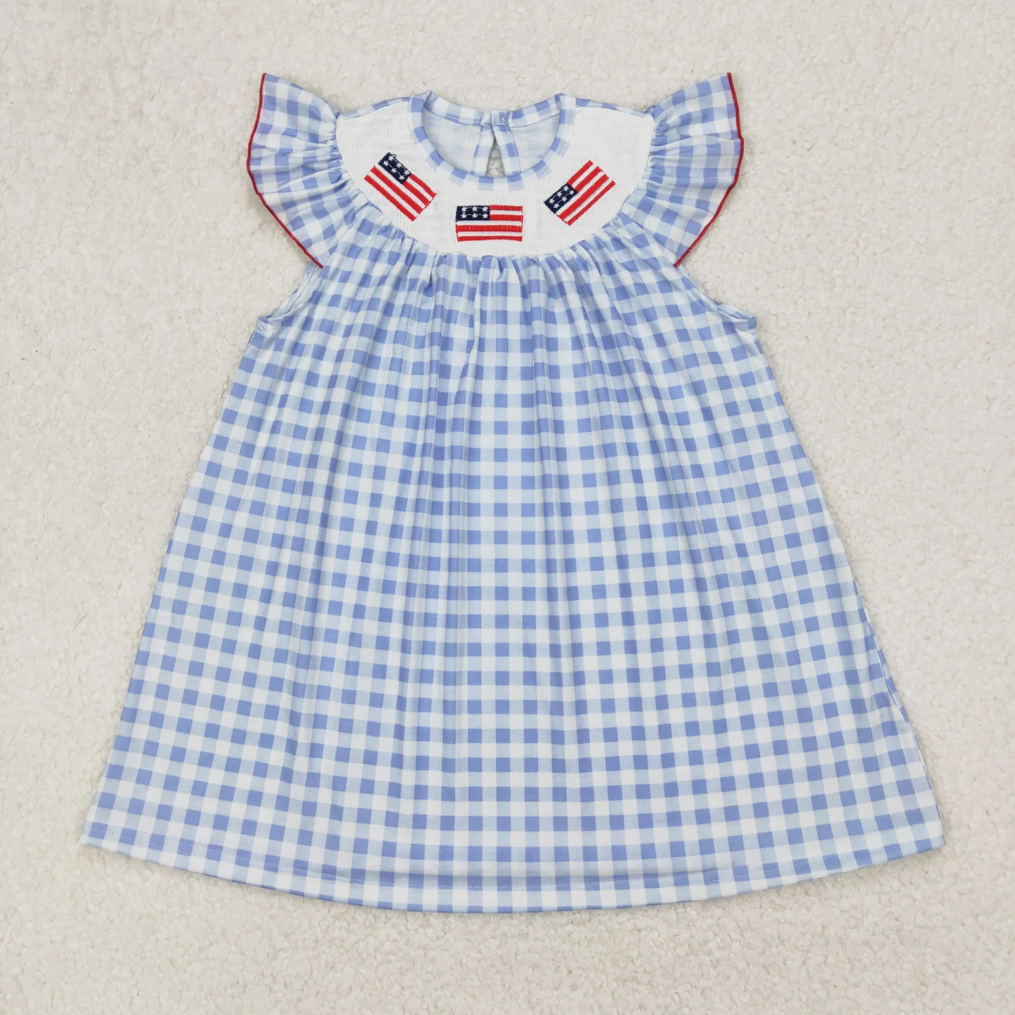 Flag Embroidery Blue Plaid Sibling 4th of July Smocked Matching Clothes