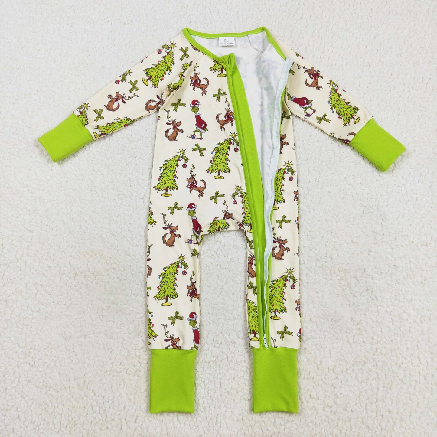 long sleeve green tree bows gri*ch dog print boy sleeper