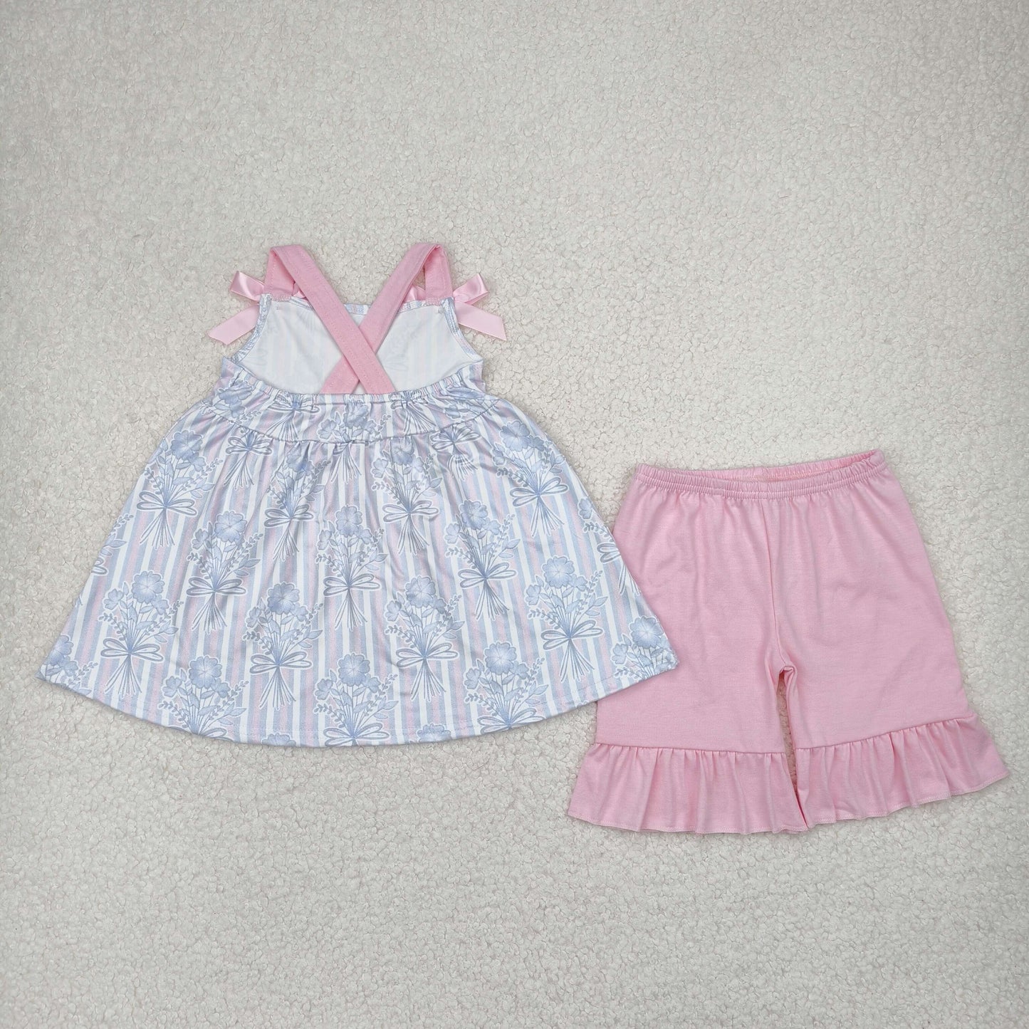 striped flower print strap shorts set