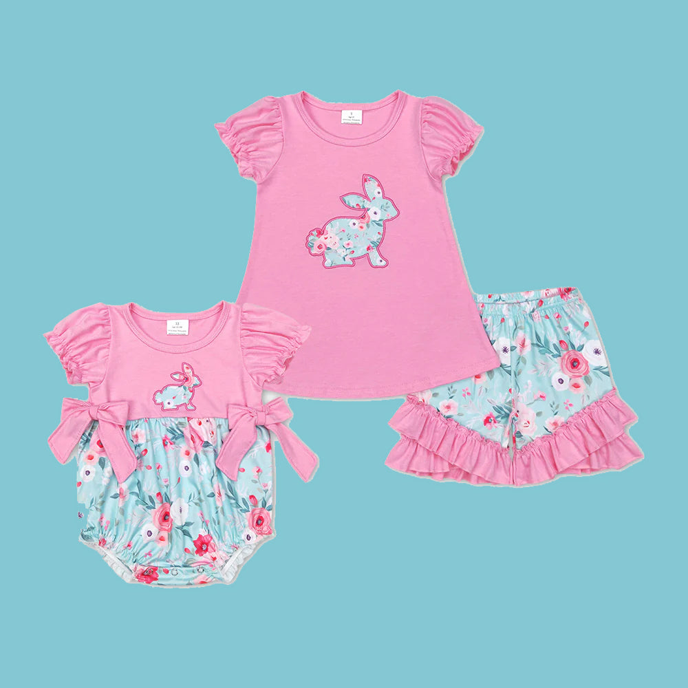 Bunny Embroidery Pink Flowers Print Sisters Easter Matching Clothes