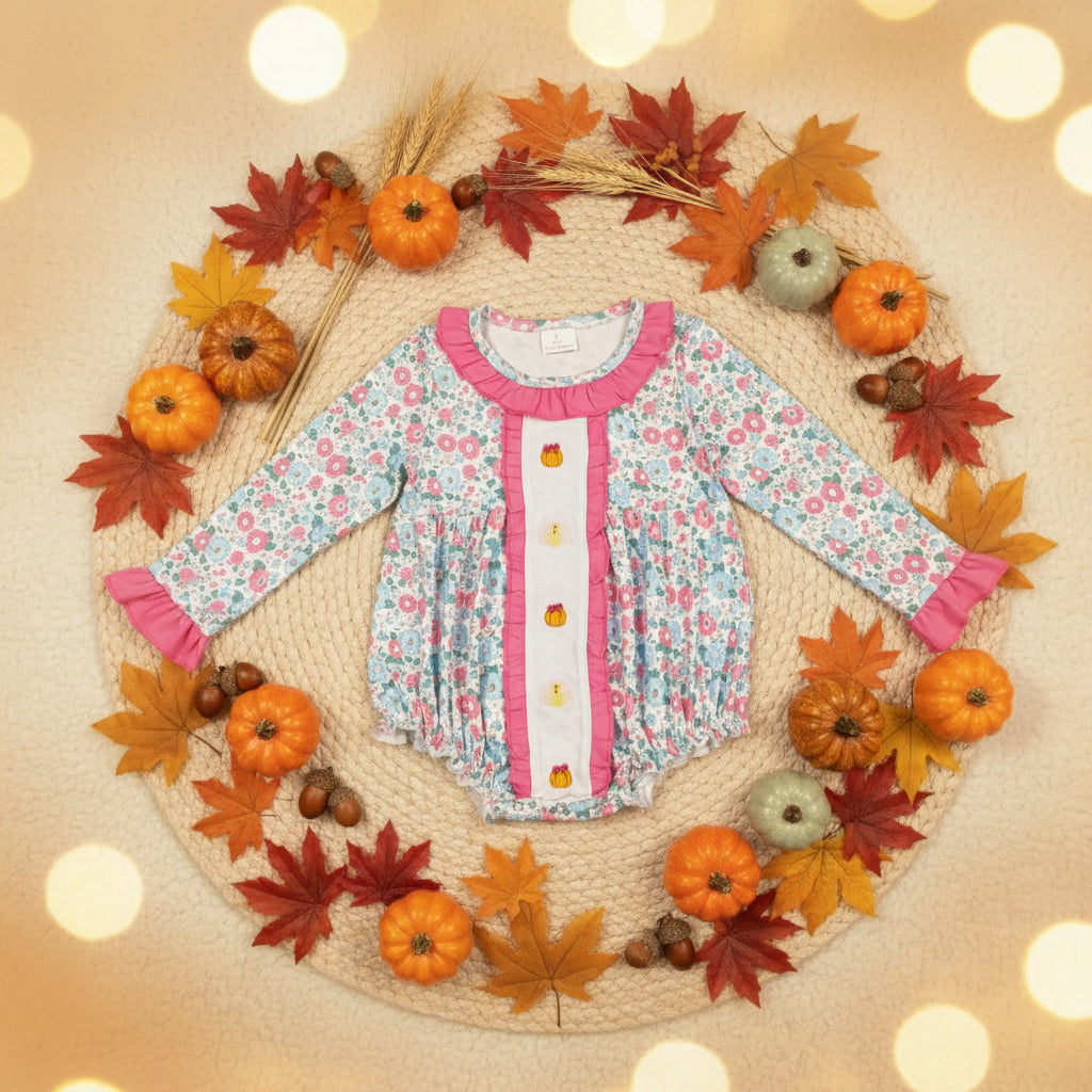 Thanksgiving day floral pumpkin turkey embroidery baby girl bubble