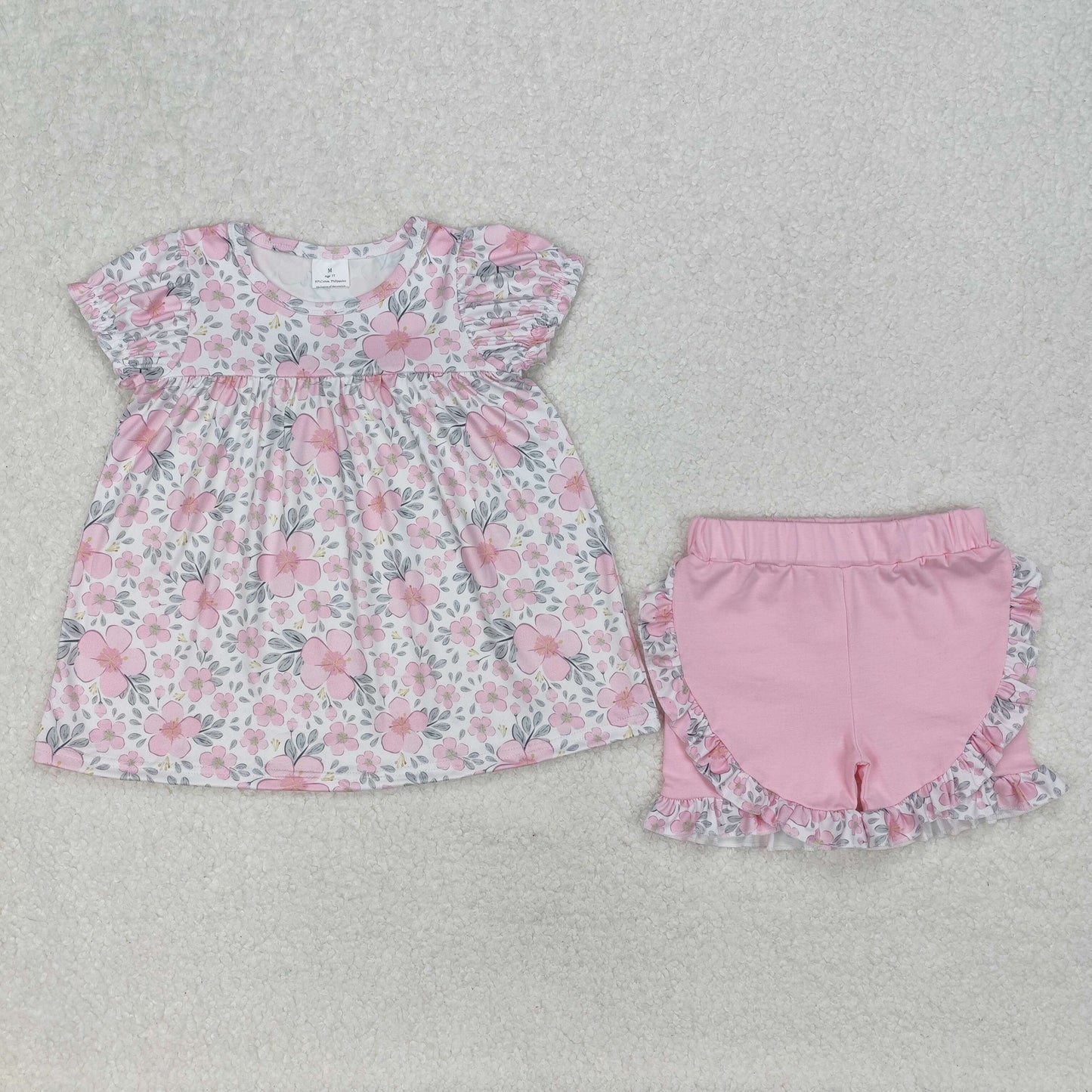 pink flower print tunic ruffle shorts set