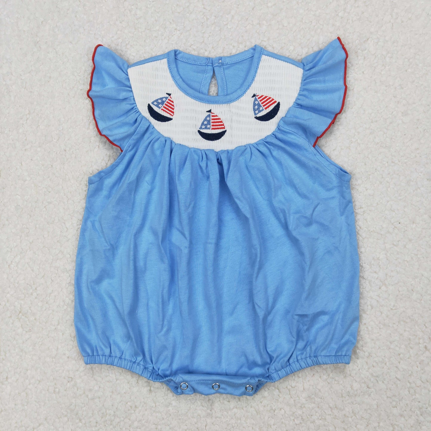4th of july blue sailboat smocked romper girl