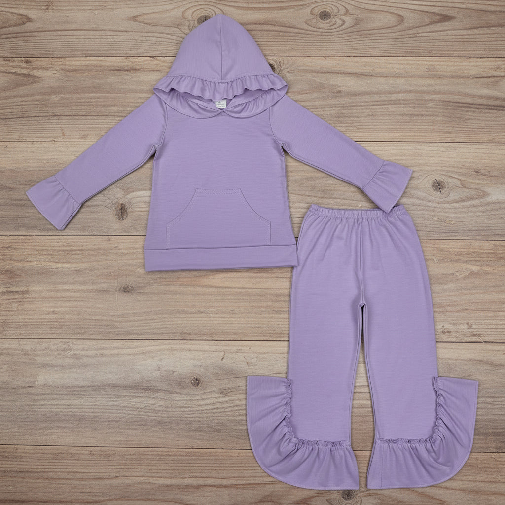solid purple cotton ruffle hoodie pants outfit girl’s clothing