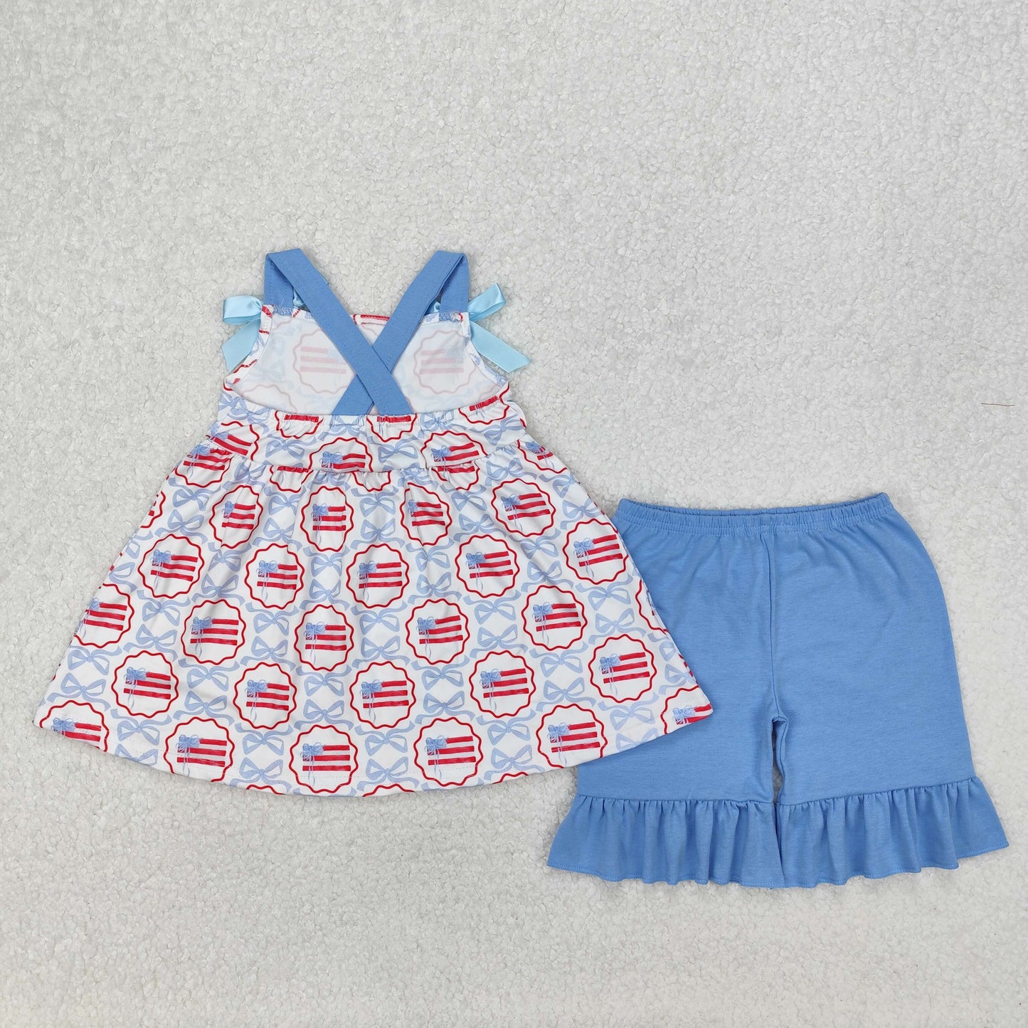 bow flag print strap shorts set 4th of july girls clothing
